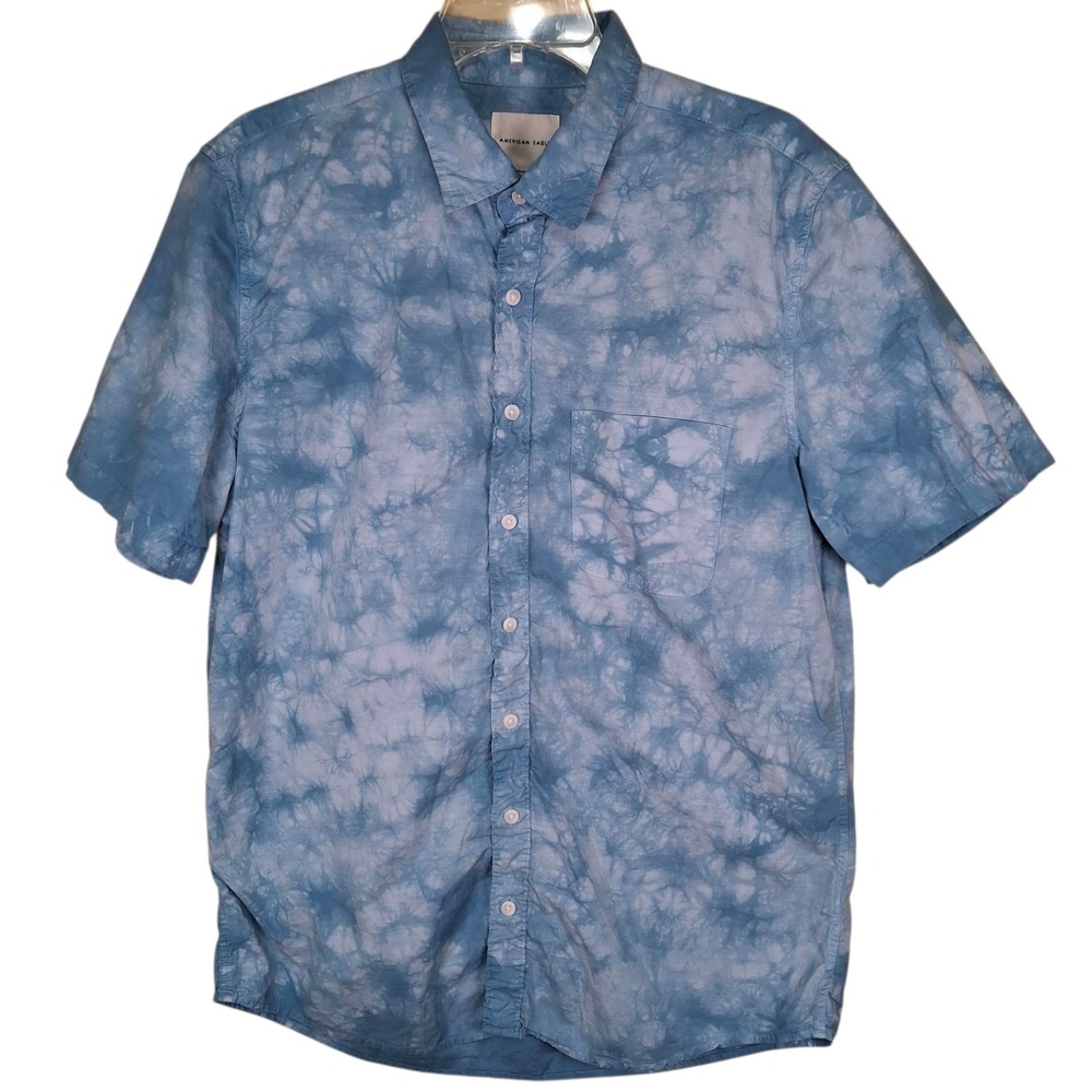 American Eagle Shirt Mens Large Tall LT Blue Tie Dye Pockets Short Sleeve Summer